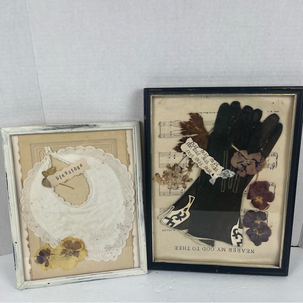 Set of vintage mixed media/collage Art-cottagecore-leather gloves Pray/Baby bib